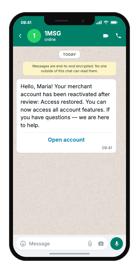 WhatsApp Business API for account reactivation notification