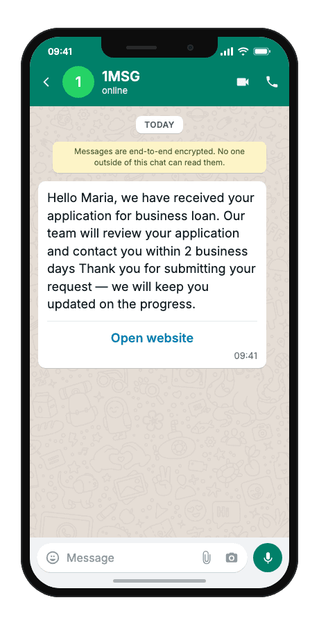 WhatsApp Business API for application receipt confirmation
