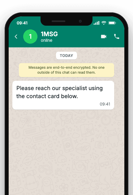 WhatsApp Business API for specialist handoff — share contact card