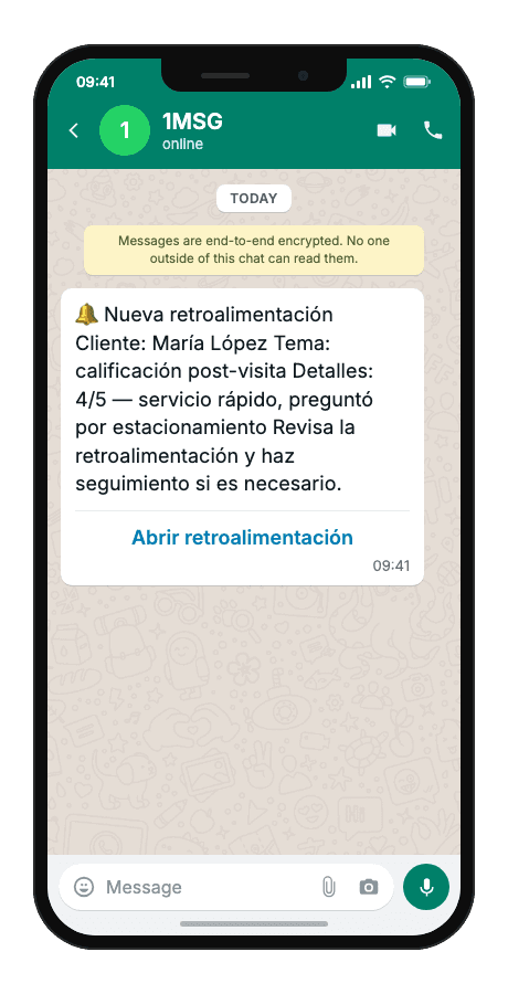 WhatsApp Business API for new feedback team notification