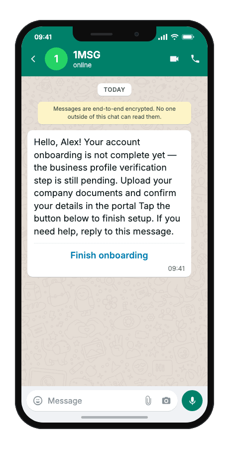 WhatsApp Business API for onboarding completion reminder