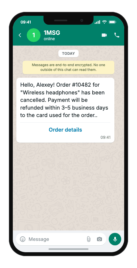 WhatsApp Business API for order cancellation notification