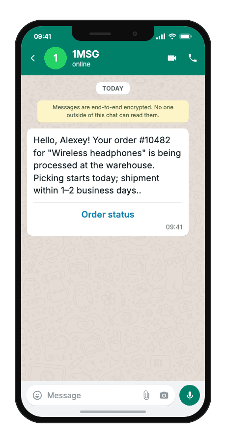WhatsApp Business API for order accepted for processing