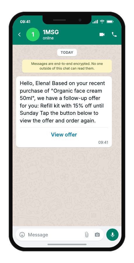 WhatsApp Business API for post-purchase follow-up offer