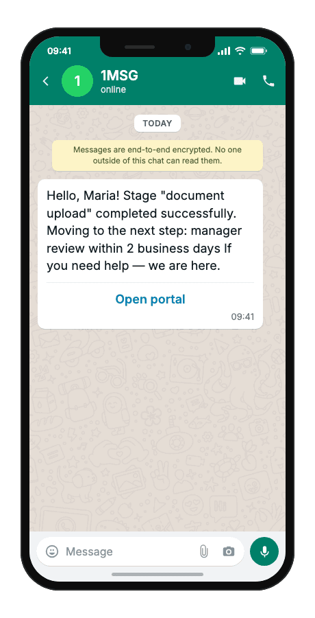 WhatsApp Business API for stage completion notification