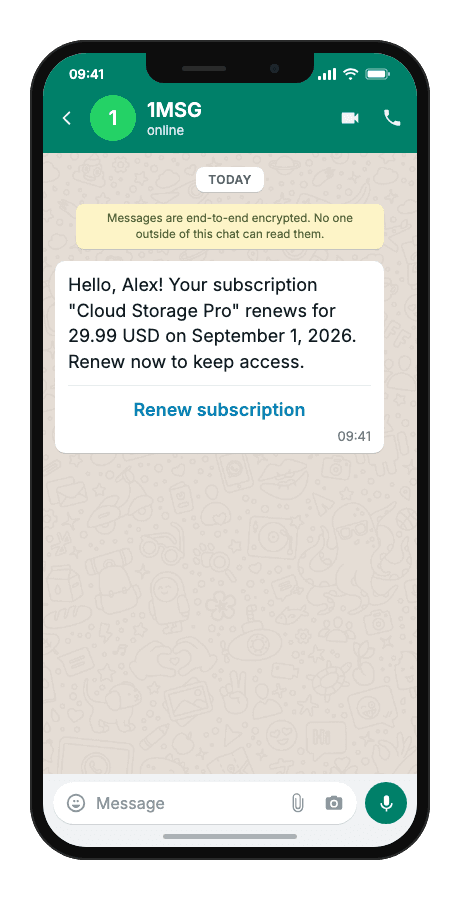 WhatsApp Business API for subscription renewal reminder