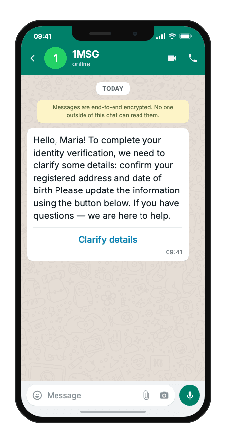 WhatsApp Business API for verification data clarification