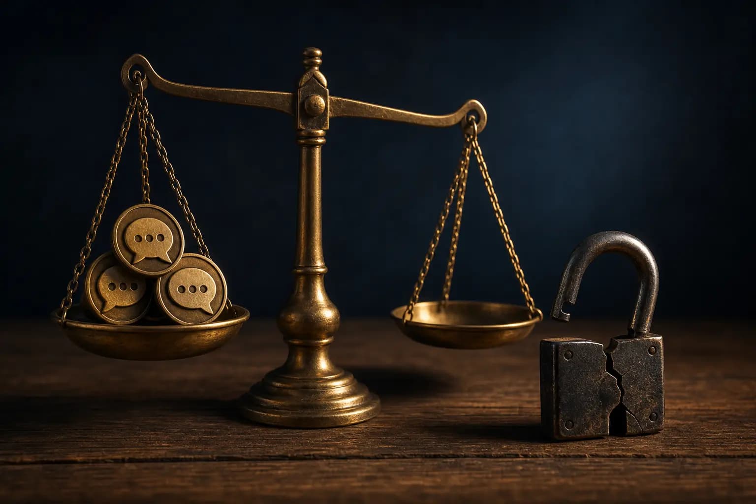 Brass balance scale with chat-bubble-shaped coins versus a cracked padlock, WhatsApp WABA cost versus grey gateway ban risk