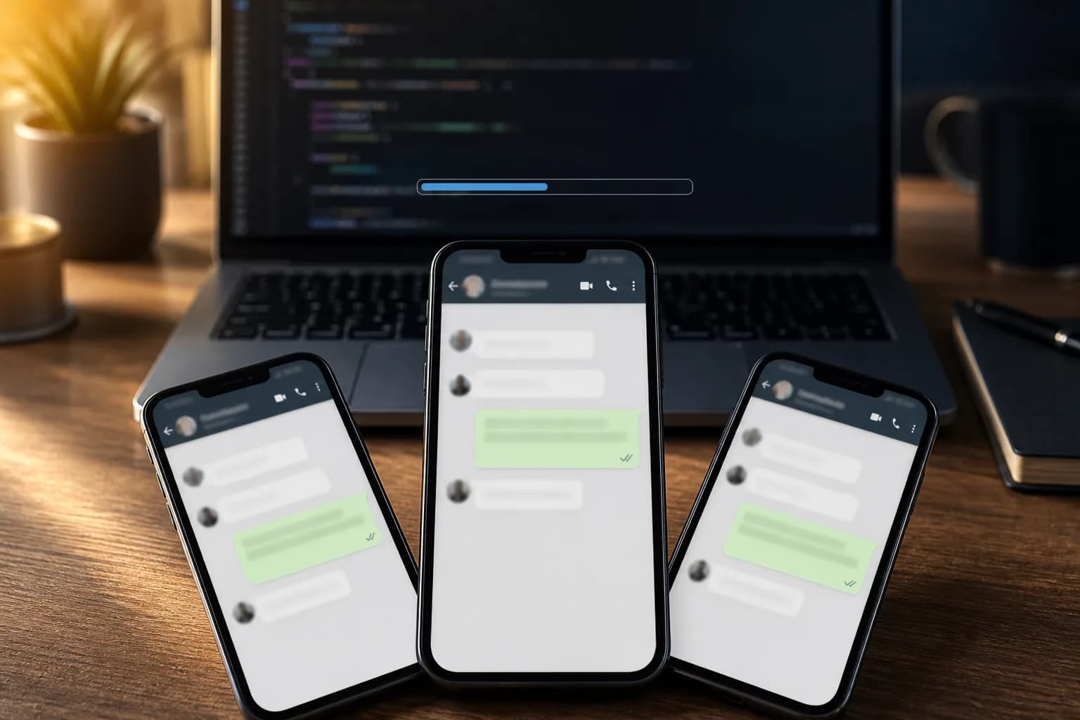 Laptop send queue dispatching bulk WhatsApp template messages to a phone showing a broadcast chat