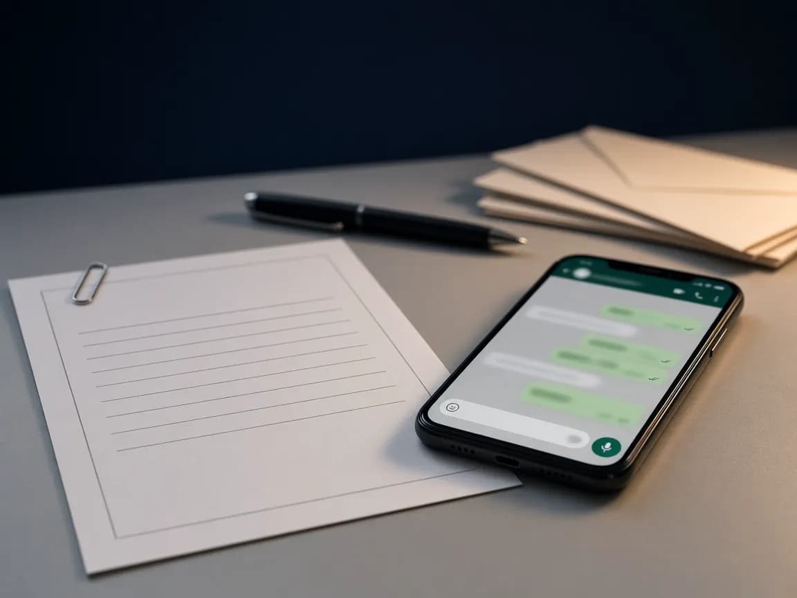 Printed invoice beside a smartphone showing a WhatsApp-style support chat on a grey accountant desk