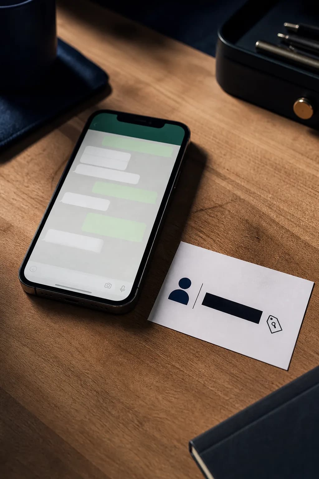 A smartphone showing a WhatsApp chat beside a contact card whose phone-number line is blanked out and replaced by an ID tag