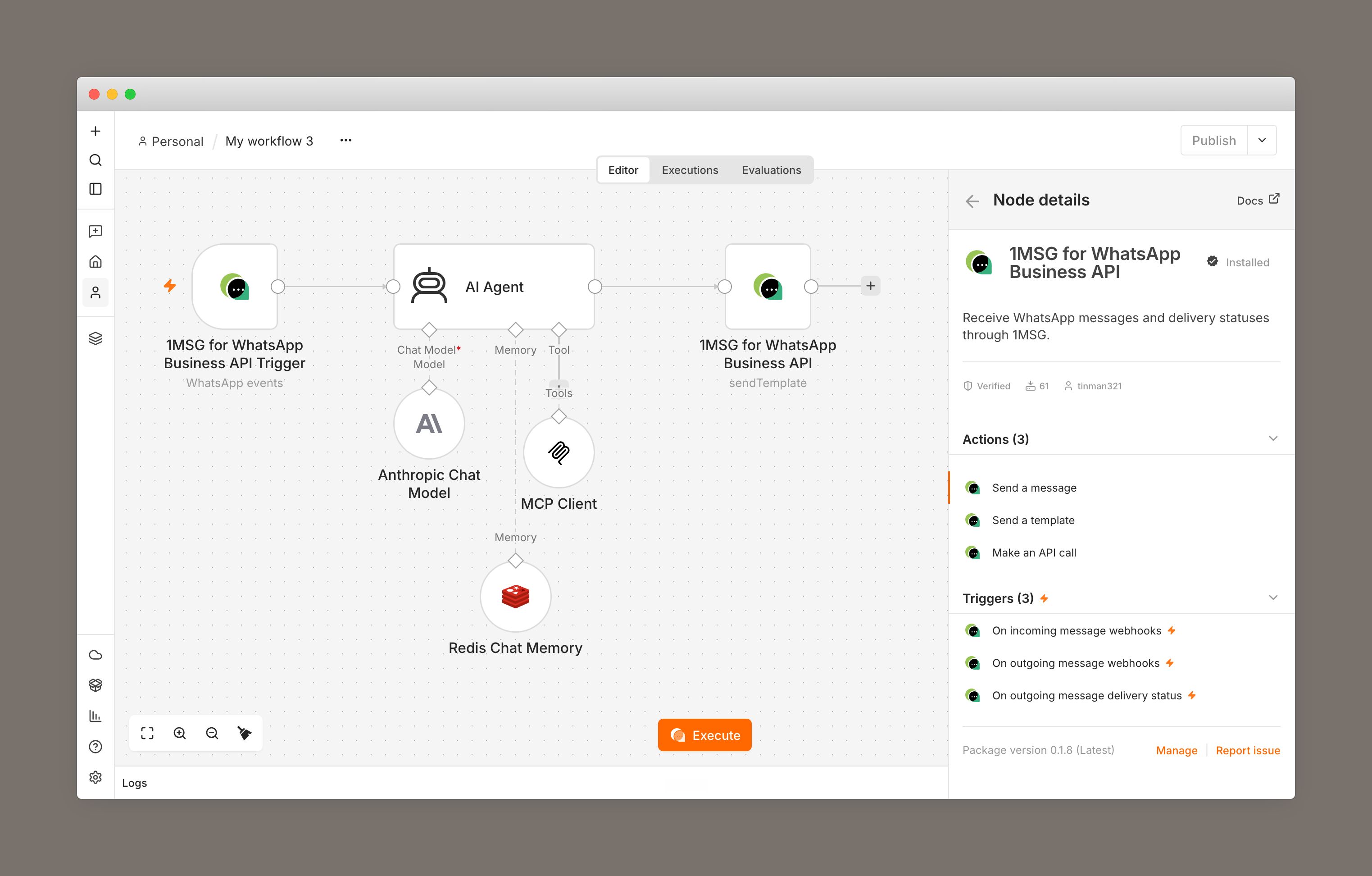 Find 1MSG WhatsApp Business API in n8n, connect your channel once, and start building