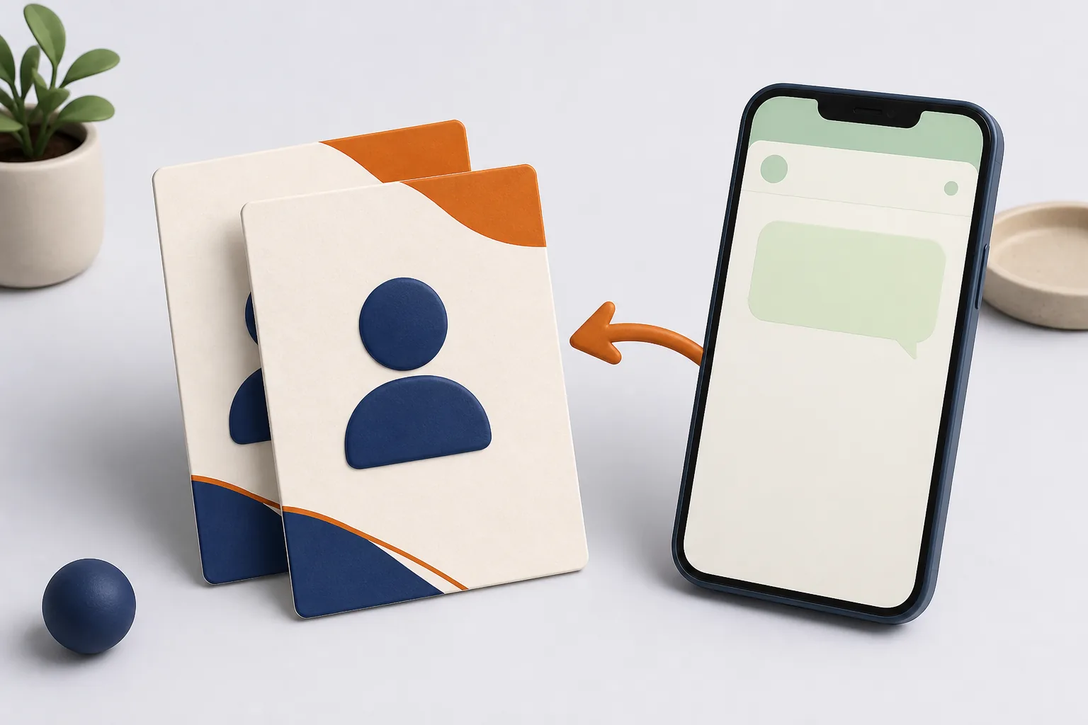 Two duplicate contact cards with a WhatsApp chat bubble arrow pointing toward the wrong card