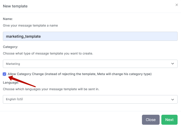 Category of the template WABA