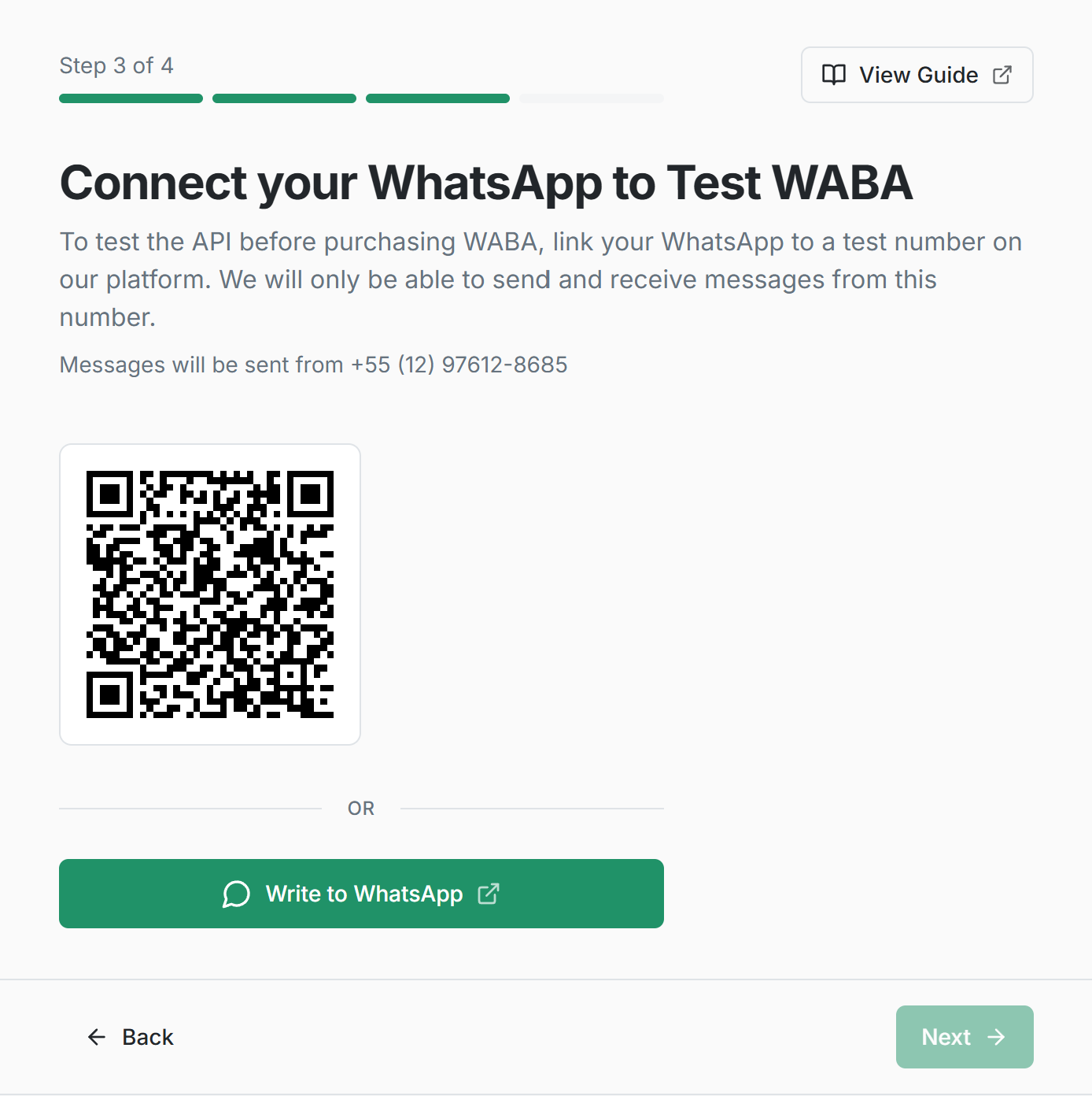 Onboarding step Connect your WhatsApp to Test WABA with a QR code and the Write to WhatsApp button
