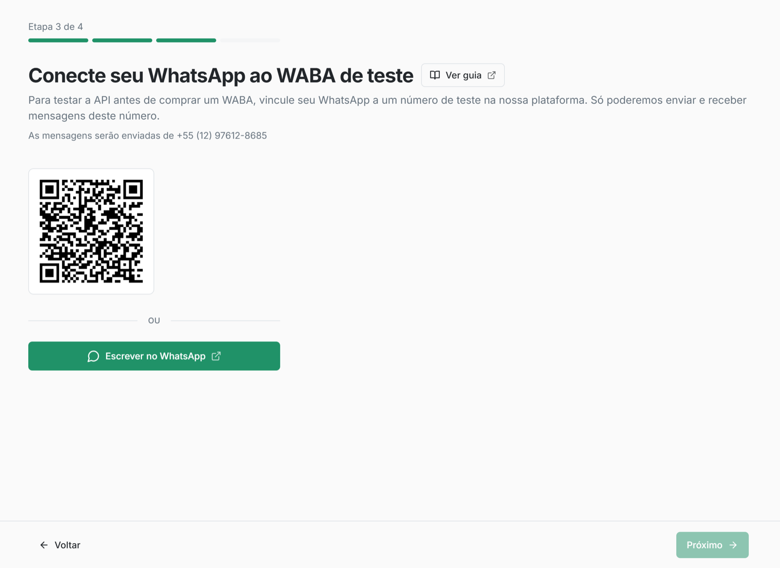 Etapa do onboarding “Conecte seu WhatsApp ao WABA de teste” com QR code e o botão “Escrever no WhatsApp”