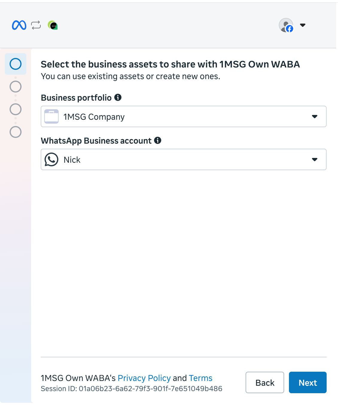 Выбор бизнес-портфолио и аккаунта WhatsApp Business, к которым получит доступ 1MSG Own WABA