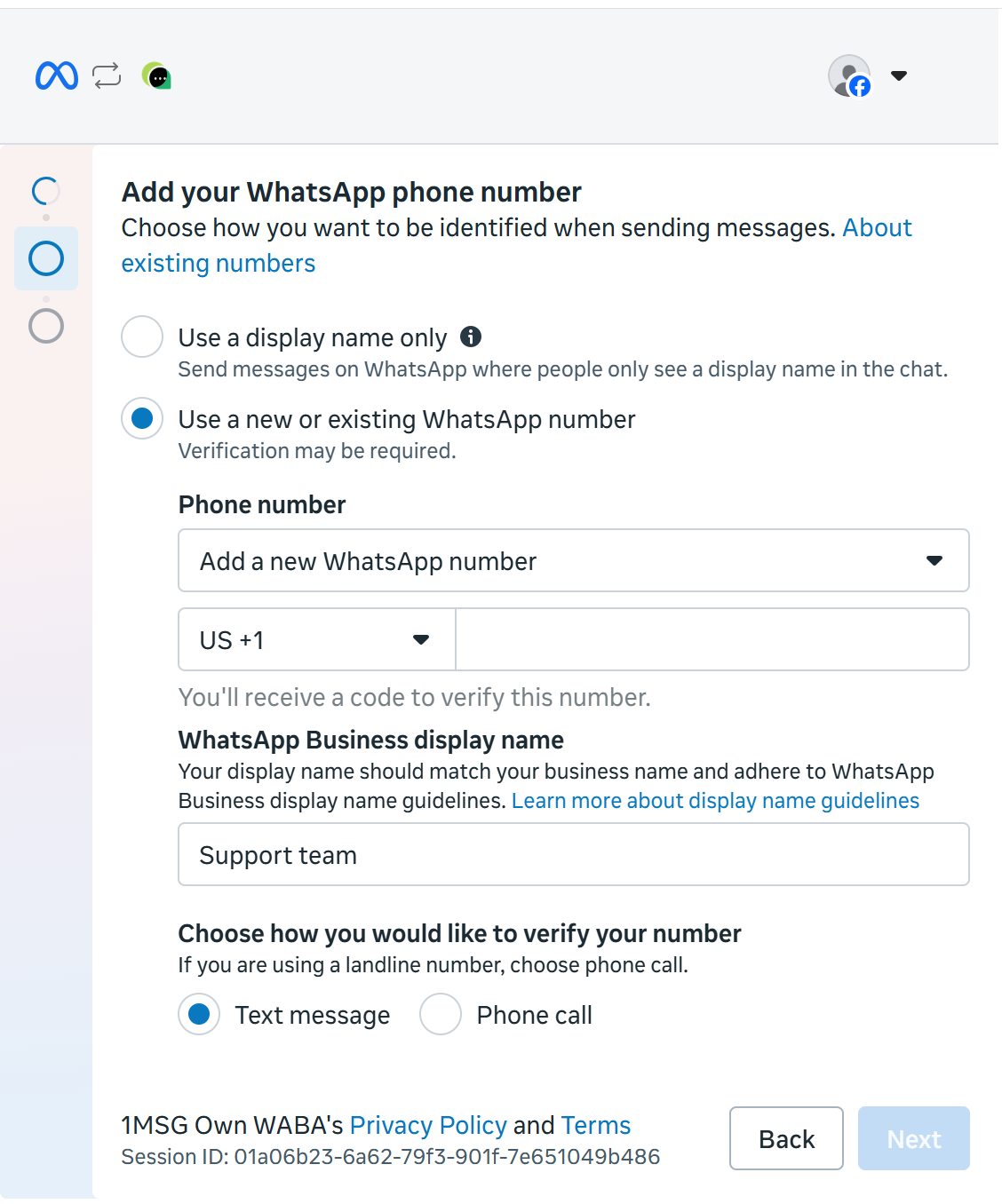 Добавление нового или существующего номера WhatsApp, отображаемого имени и способа подтверждения
