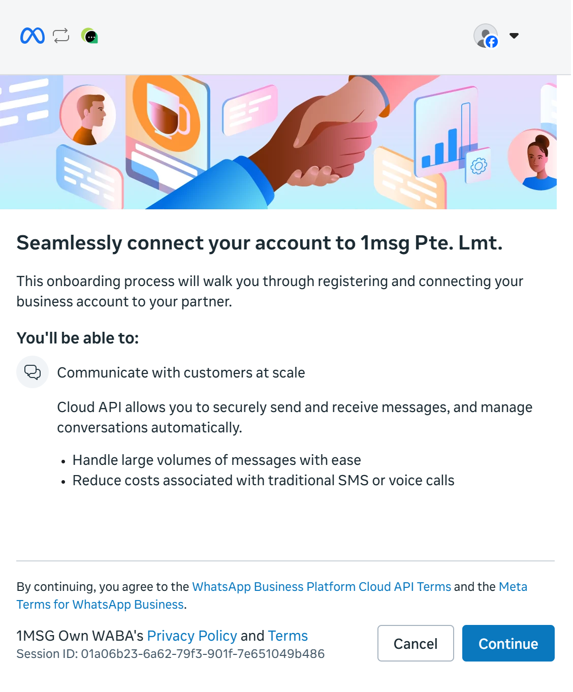 Первый экран Embedded Signup от Meta для подключения к 1MSG Own WABA