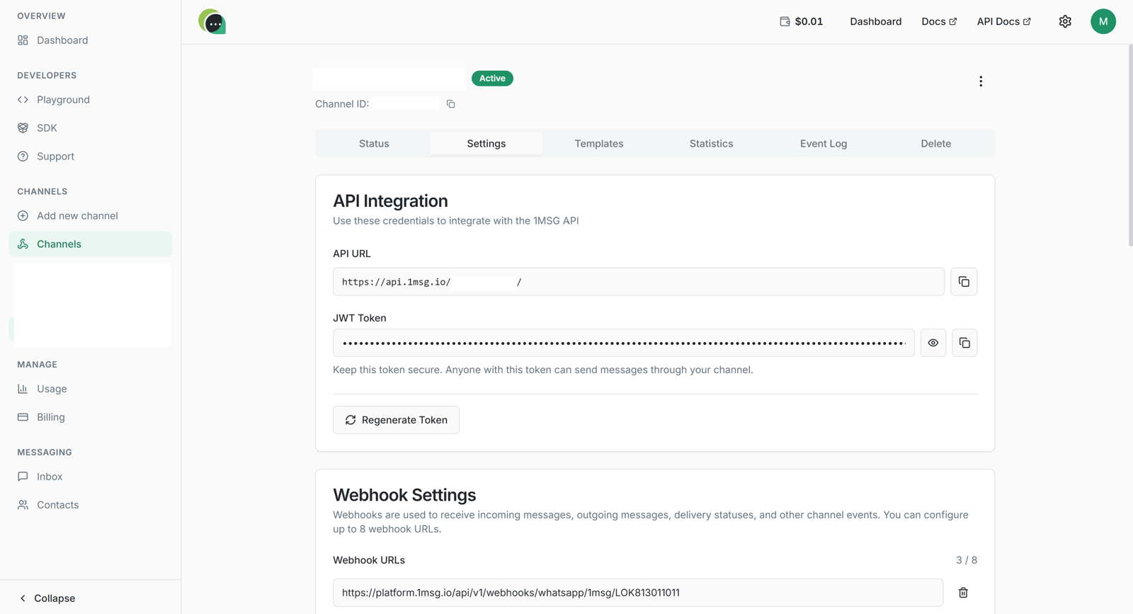 Channel Settings tab with the API URL and JWT token