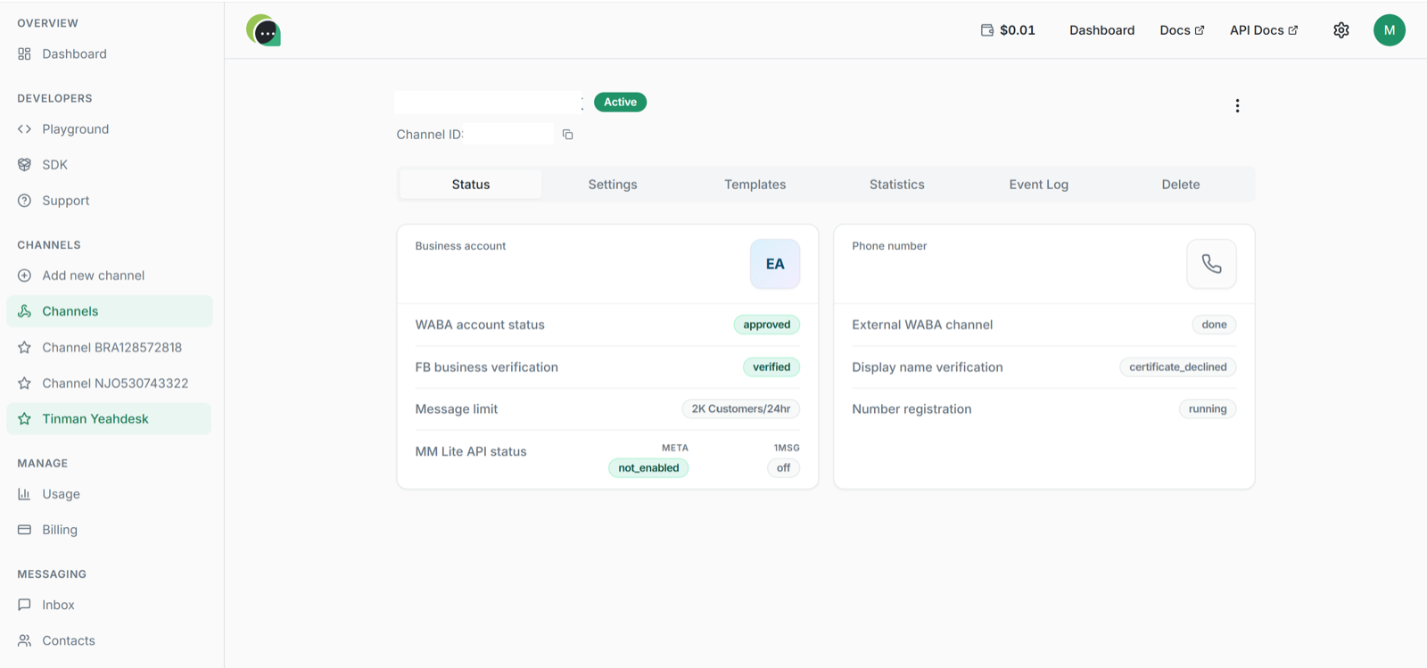 Channel Status tab: WABA account status, business verification and number registration