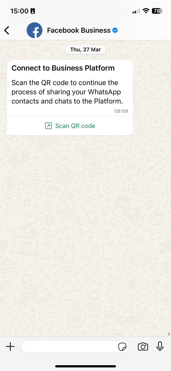 WhatsApp message from Facebook Business with the Scan QR code button