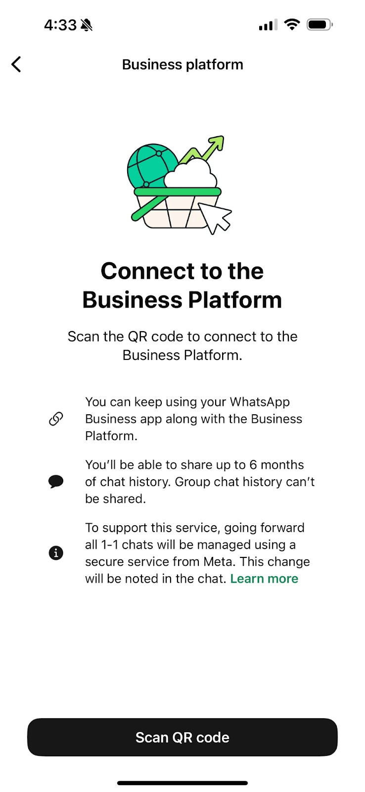 Connect to the Business Platform screen in WhatsApp Business with the Scan QR code button