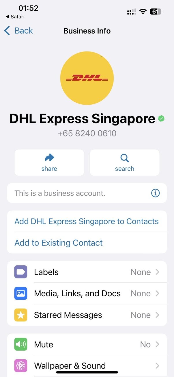 Карточка официального бизнес-аккаунта DHL Express Singapore с зеленой галочкой