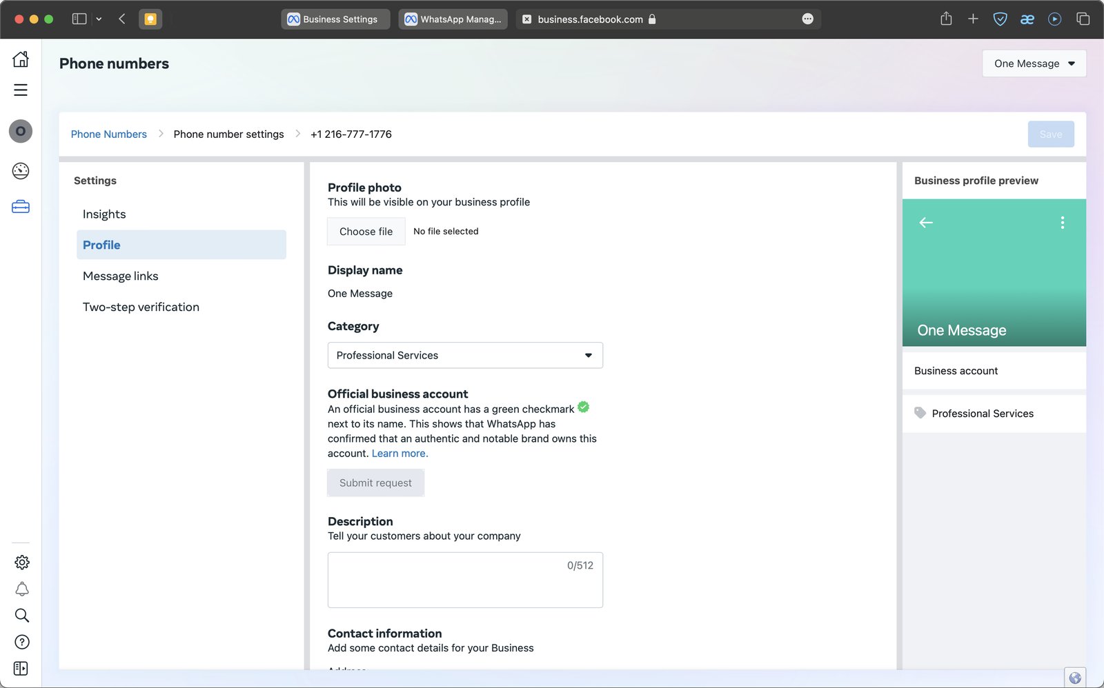 Настройки номера в WhatsApp Manager: блок Official business account и кнопка Submit request