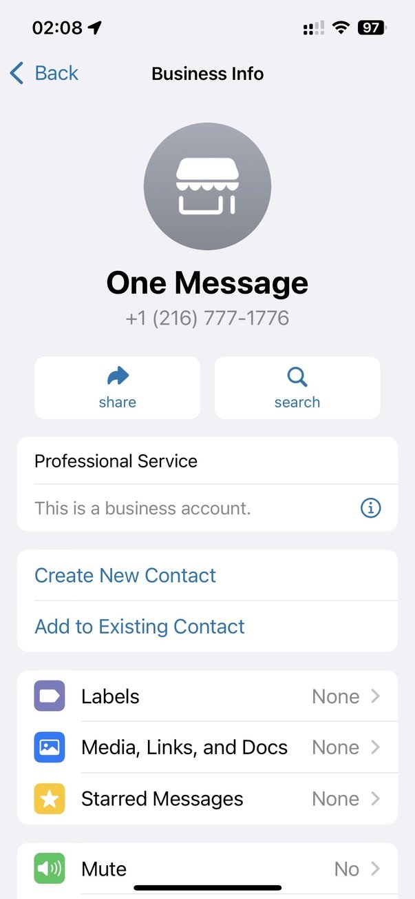 Карточка обычного бизнес-аккаунта: название One Message над номером, без галочки