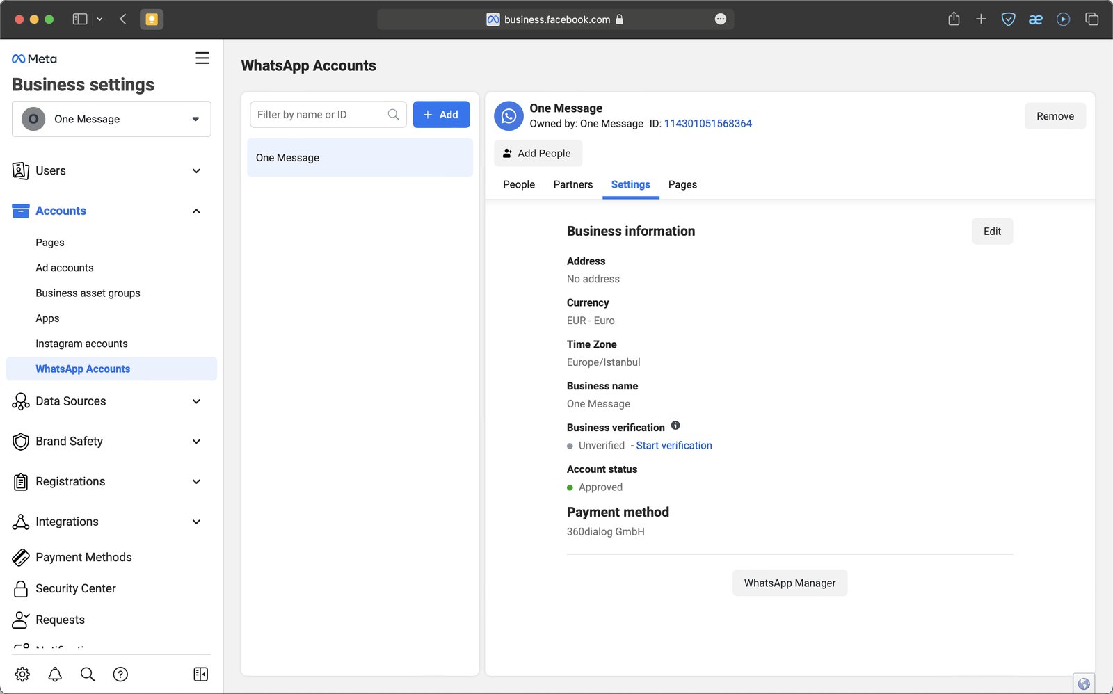 Meta Business Settings, раздел WhatsApp Accounts: вкладка Settings и кнопка WhatsApp Manager