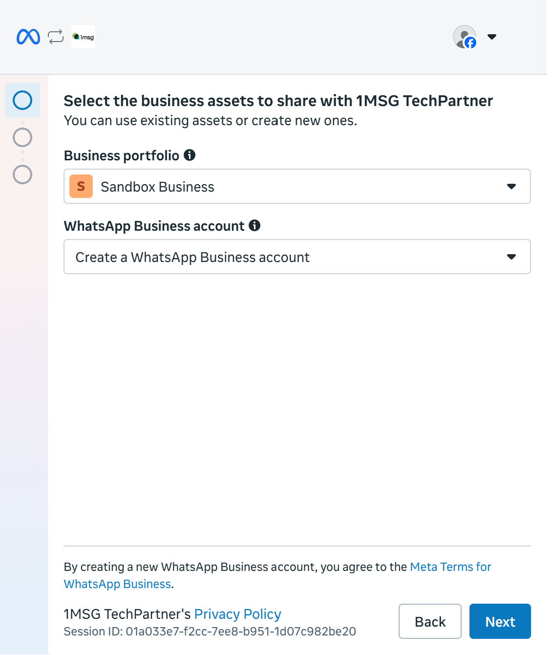 Select the business portfolio and the WhatsApp Business account to share with 1MSG