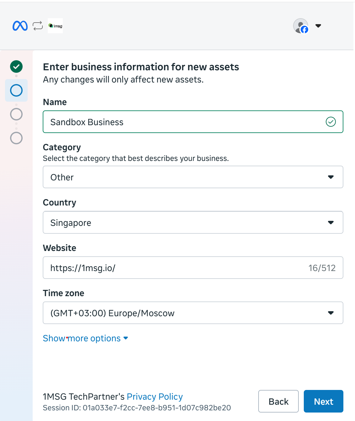 Business information form: name, category, country, website and time zone