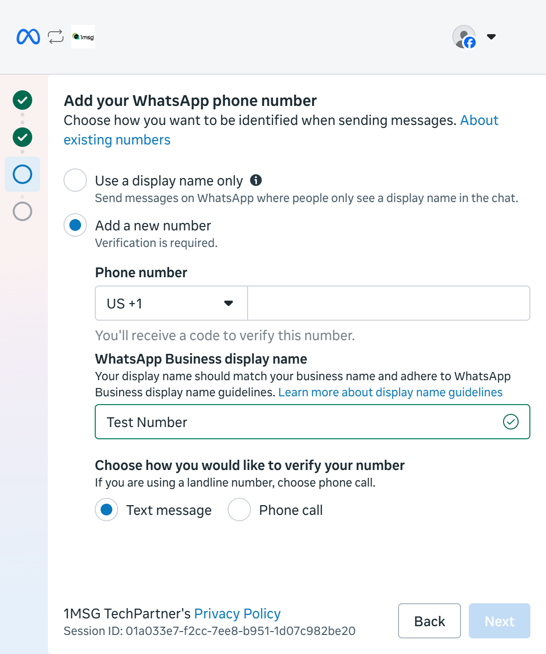 Add your WhatsApp phone number, display name and verification method