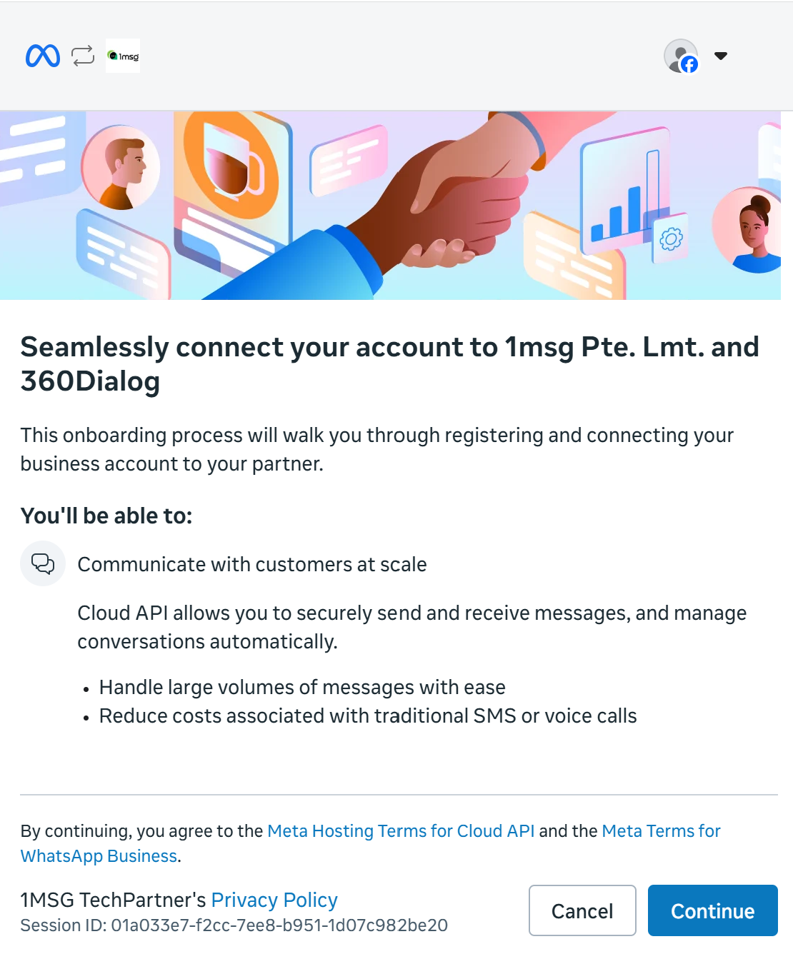 Meta Embedded Signup start screen: connect your account to 1msg and 360Dialog