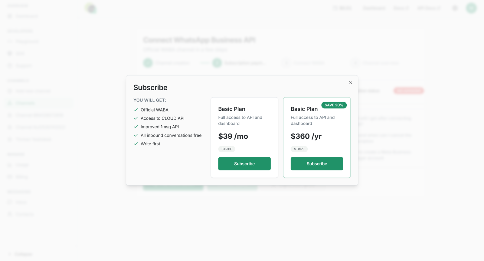 Subscribe dialog with monthly and yearly Basic Plan options