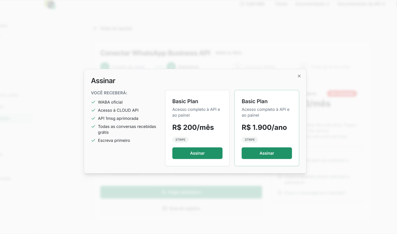 Janela “Assinar” com as opções mensal e anual do Basic Plan