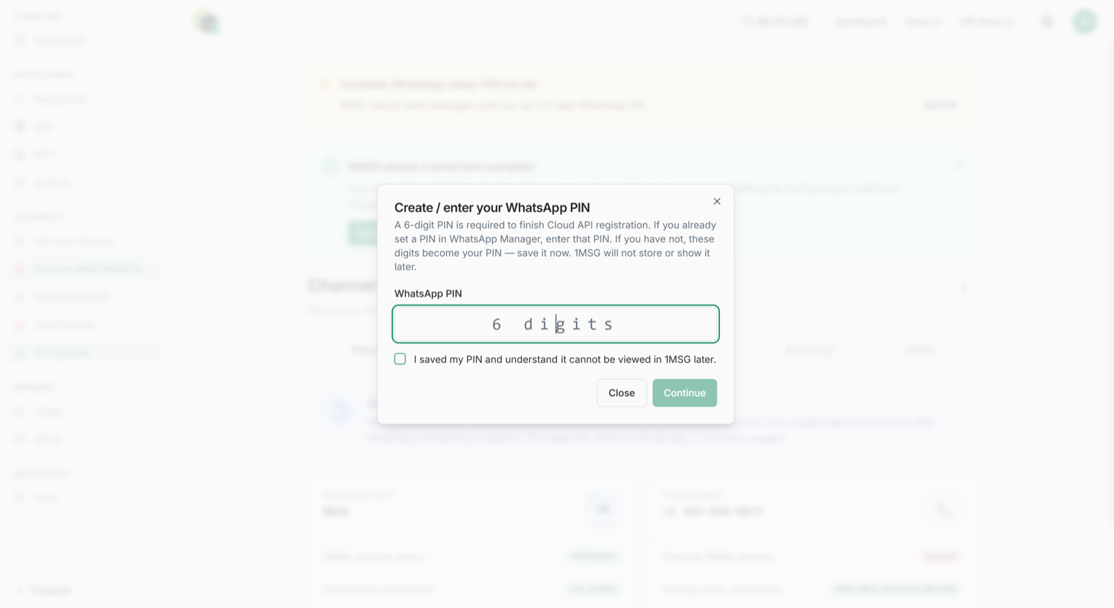 Janela para criar ou inserir o PIN de 6 dígitos do WhatsApp